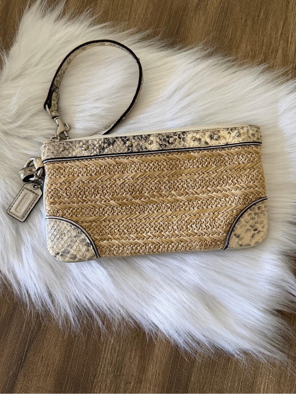 Coach Natural Straw Wristlet with Cream Snake-Print Trim